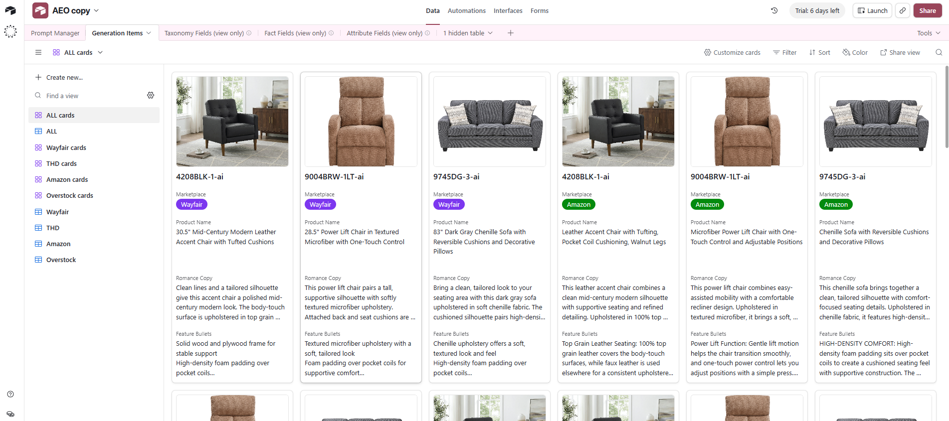 Generation Items in Cards view, showing product photo, name, and copy per card