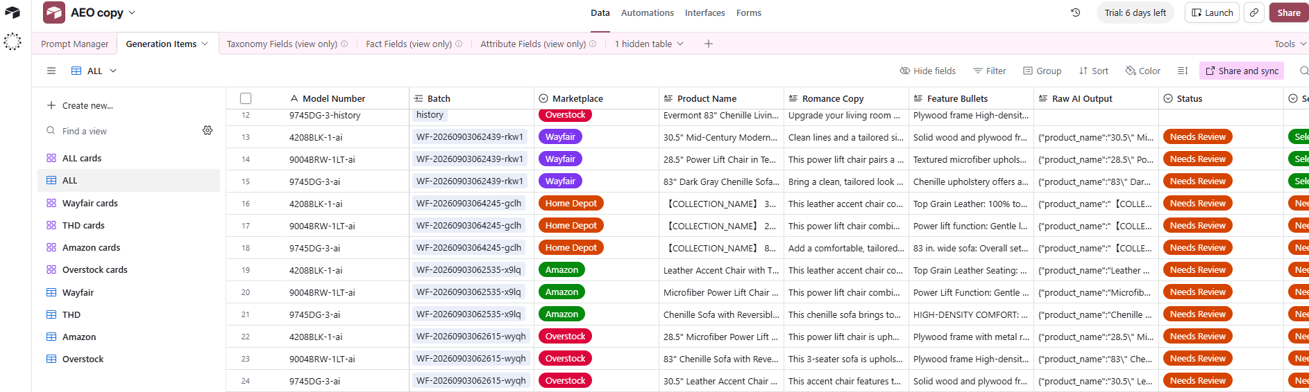 Generation Items left sidebar with a view per marketplace: Wayfair, THD, Amazon, Overstock