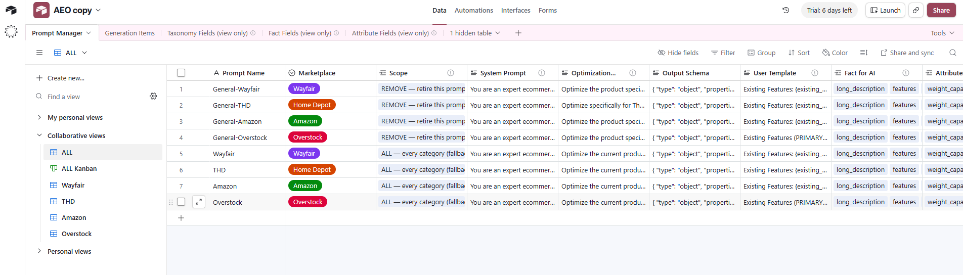Airtable base top bar showing Prompt Manager, Generation Items, and three (view only) reference tables